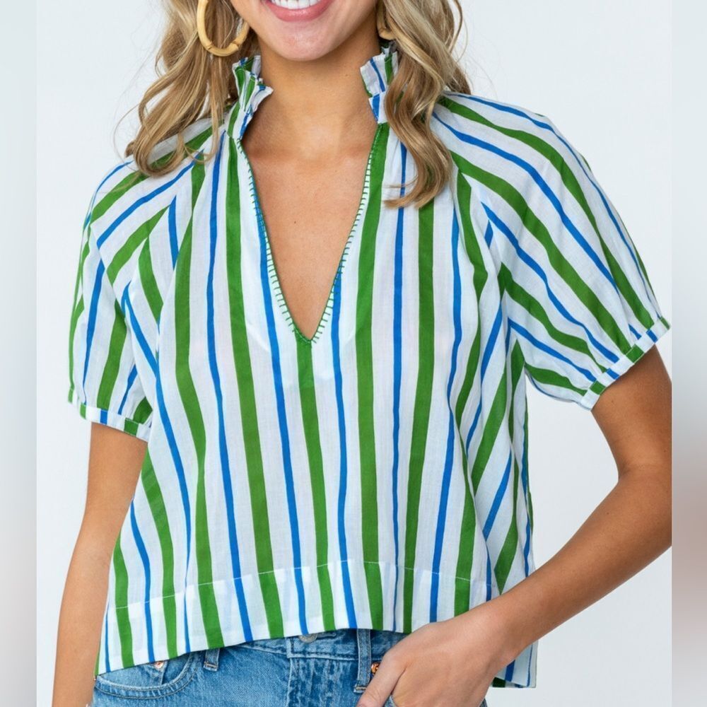 Olivia James The Label NWT Elizabeth Top in Harbour Stripe Lime-‎  L cottagecore